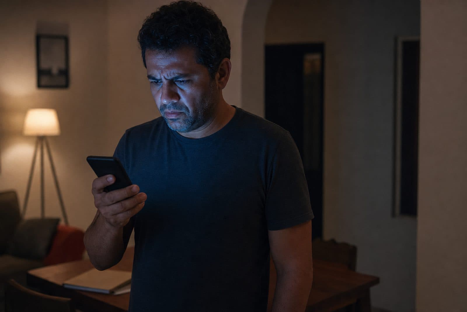 Homem olha desconfiado para a tela do celular à noite, dentro de casa